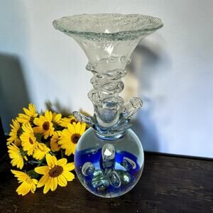 Studio Art Glass Bud Vase Hand Blown Clear And Inky Blue With Controlled Bubbles
